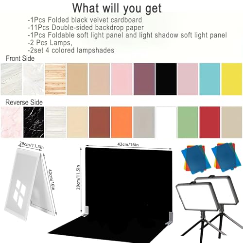 15PCS Black Velvet Flocked Product Photography Backdrops Board with 2PCS LED Lighting Kit Anti-Glare Photo Backdrop for Small Product Food Jewelry Cosmetic. (16x11.5in)