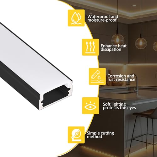 Black LED Channel 20-Pack, 3.3ft/1m LED Aluminum Channel with Diffuser Cover, U-Shape Aluminum LED Channel for Under Cabinet Lighting, LED Diffuser Channel Strip Light Track, fits up to 12mm Strips - color: Black Aluminum + White Cover, size: 3.3FT/20P/#0