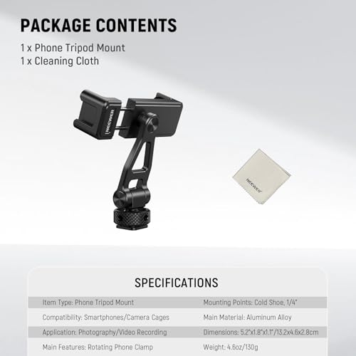 NEEWER Adjustable Phone Tripod Mount with Cold Shoe 1/4" Thread 180° Tilt 360° Rotation Cleaning Cloth Phone Clamp Holder Compatible with iPhone Samsung Android Camera Cage for Video Recording, GA010 - style: GA010 w/Cleaning Cloth