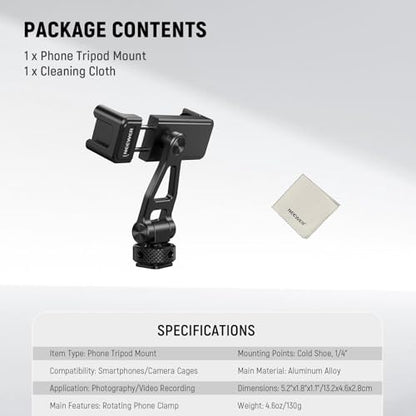 NEEWER Adjustable Phone Tripod Mount with Cold Shoe 1/4" Thread 180° Tilt 360° Rotation Cleaning Cloth Phone Clamp Holder Compatible with iPhone Samsung Android Camera Cage for Video Recording, GA010 - style: GA010 w/Cleaning Cloth