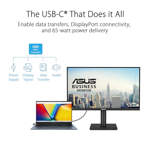 ASUS 27” 4K Business Monitor (VA27UCPS) - UHD (3840 x 2160), IPS, 99% sRGB, HDR-10, USB-C PD65W, USB Hub, Speakers, Eye Care, Ergonomic, VESA Wall Mountable, Green Sustainability, 3 yr Warranty - style: 27" 4K USB-C