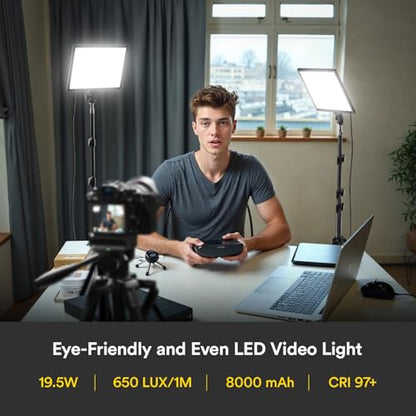 RALENO 13" Edge-Lit LED Video Light Panel Kit, 2-Pack Bi-Color 2500K-6500K Soft Studio Lights with CRI 95+, 75" Stand & 8000mAh Rechargable Battery, Photography Light for Streaming/Zoom/YouTube/Makeup