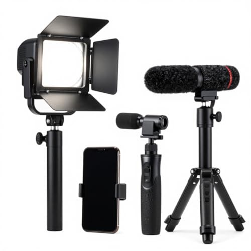 Starter kit with Mini Led Video Light +Pistol Mic+Universal Cell Phone Holder Clip+ Pistol Grip Tripot, Smartphone/Camera Compatible,Black