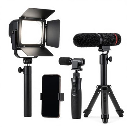 Starter kit with Mini Led Video Light +Pistol Mic+Universal Cell Phone Holder Clip+ Pistol Grip Tripot, Smartphone/Camera Compatible,Black