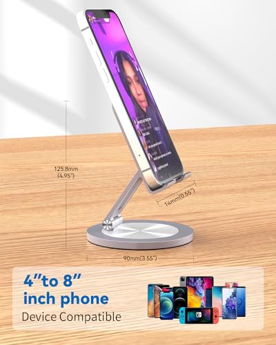 Phone Stand for Desk, 360° Rotating Dual Adjustable Foldable Holder, Heavy Solid All-Aluminum Base Anti-Slip Stable Support for Home Office Study, Fits iPhone Galaxy 4-8" Phones (Grey) - color: Space Grey