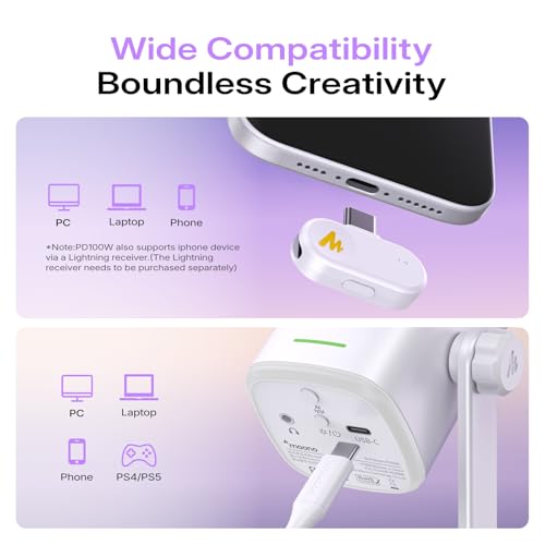 MAONO PD100W Wireless USB Dynamic Microphone, Gaming PC Mic with One-Click Noise Reduction,Mute Button,Custom RGB,3.5mm Headphone Jack,Software, Podcast Streaming Mic (Desktop(USB-C Receiver), White) - color: White