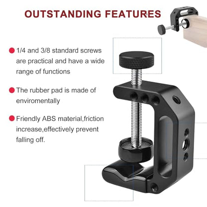 Microphone Holder C Clamp with 1/4" and 3/8" Threaded Holes, Mic Clip for Radio Studio, Podcast, Gaming, 5/8" Mic Screw Adapter for Microphones, Max Load 12lb / 5kg