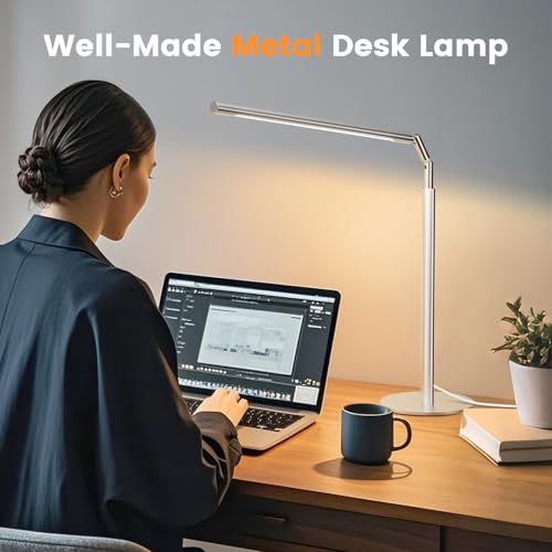SIBRILLE Silver LED Desk Lamp, 16" Dimmable Metal Desk Light with Base, 15W 1200LM, Adapter Included, Color & Brightness Adjustable, Modern Tall Table Lamp for Home Office Reading Study Task Laptop - color: Silver