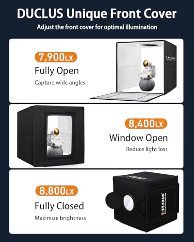 DUCLUS Light Box Photography, 12"x12" Photo Booth Box with 120 LED Lights Dimmable & CRI＞95, Portable Lightbox with 8 Backdrops for Mini Product Photography: Jewelry, Cards, Watches - size: 12*12 inch