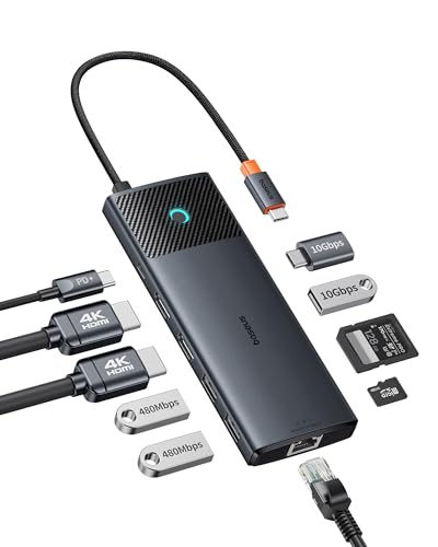 Baseus Docking Station Dual Monitor,10Gbps 10 in 1 Docking Station with 2 HDMI Single 4K@120Hz, Dual 4K@ 60Hz,10Gbps USB C and USB A, Gigabit Ethernet, PD 100W, SD/TF for iPhone 15/Mac/Dell/HP/Lenovo - size: 10 in 1