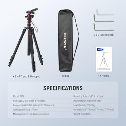 NEEWER Basics Camera Tripod Monopod, 77" Compact Lightweight Travel DSLR Video Stand, 360° Ball Head, Arca Type QR Plate, Reversible Legs & Inverted Central Axis, 13lb Max Load, TP08 - style: TP08