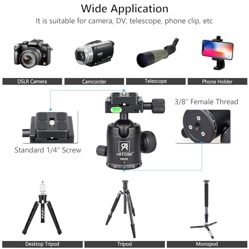 ARTCISE Tripod Ball Head Camera Tripod Ball Head Mount 36mm Diameter Ball ARTCISE All Metal CNC Professional Aluminium 360 Rotating Panoramic Ball Head Max Loading 33lbs