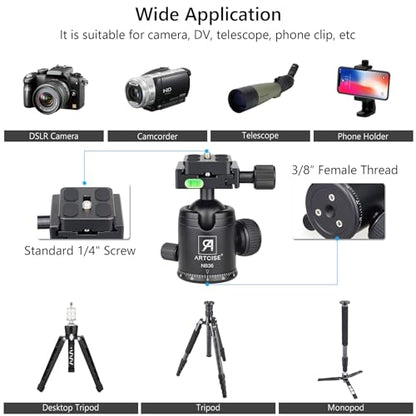 ARTCISE Tripod Ball Head Camera Tripod Ball Head Mount 36mm Diameter Ball ARTCISE All Metal CNC Professional Aluminium 360 Rotating Panoramic Ball Head Max Loading 33lbs
