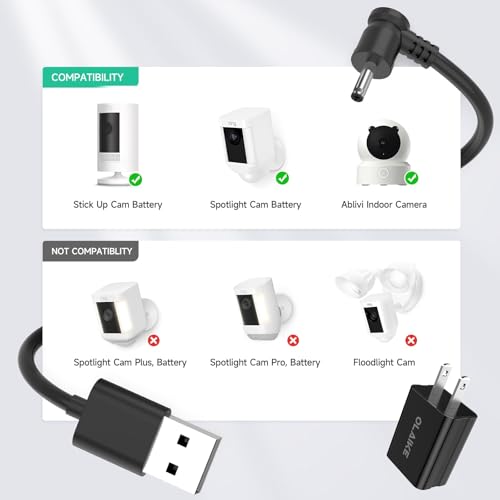 OLAIKE Indoor/Outdoor Power Adapter for Ring Stick Up Cam Battery 3rd Gen/2nd Gen/Plug-in, Weatherproof Cable(5m/16ft) to Continuously Charge Camera, No Need to Change Batteries, Black - color: Black(5m/16ft)