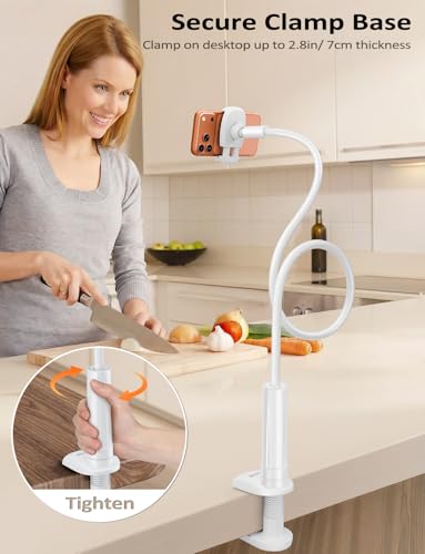 Tryone Gooseneck Phone Holder Stand for Bed Flexible Arm Adjustable Cell Phones Mount Clamp on Desk Bedframe Compatible with iPhone 14 Pro Max 13 12 11 X SE Series/Samsung S22 or Other 4"-7" Devices - color: White