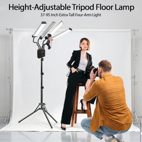 Selfie Light with 75'' Tripod Stand, Dimmable 3 Color Four Arms LED Tattoo Light with Phone Holder & Carry Bag, LED Light for Lash Tattoo Video Photography Live Stream, 80W 95CRI Floor Lamp