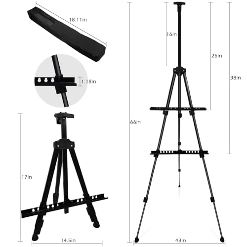 RRFTOK 17-66 Inch Adjustable Art Easel Stand for Painting and Sign, Black | Portable metal tripod easel for poster stand, display stand, canvas holder, adults and floor use - style: 66S Black 1-pack