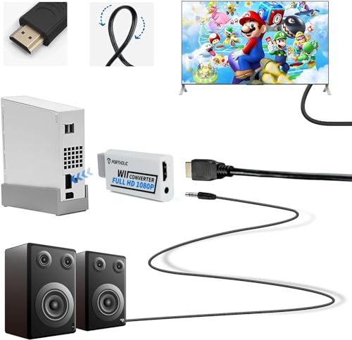 PORTHOLIC Wii to HDMI Converter 1080P with 5ft High Speed HDMI Cable Wii2 HDMI Adapter Output Video&Audio with 3.5mm Jack Audio, Support All Wii Display 720P, NTSC, Compatible with Full HD Devic