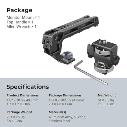 SMALLRIG Top Handle with Monitor Mount Kit, with 3/8"-16 Locating Holes for ARRI, 5 Built-in Cold Shoe, 360° Swivel and 180° Tilt Adjustable Monitor Holder with Thumbscrew, Anti-Twist Design - 5322