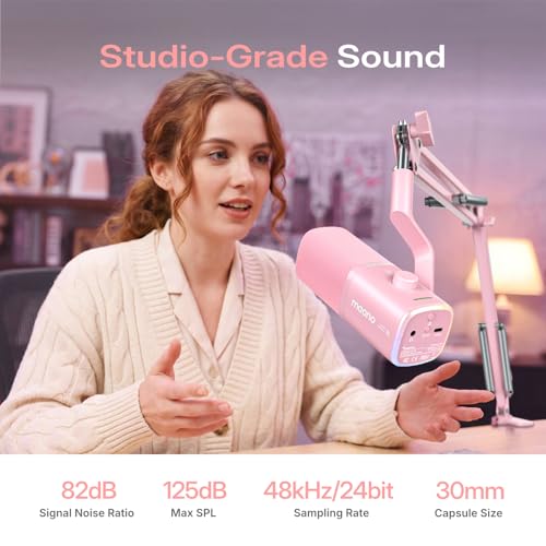 MAONO PD100W Wireless USB Dynamic Microphone, Gaming PC Mic with One-Click Noise Reduction,Mute Button,Custom RGB,3.5mm Headphone Jack,Software, Podcast Streaming Mic (Desktop(USB-C Receiver), Pink) - color: Pink
