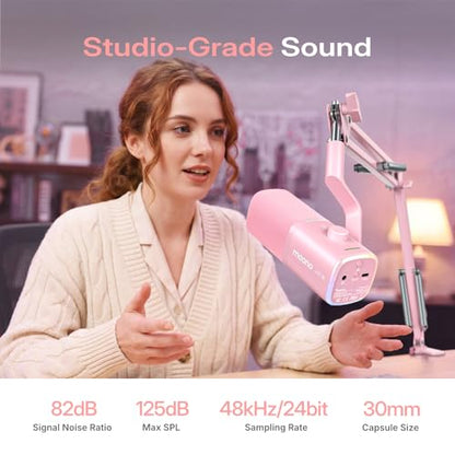 MAONO PD100W Wireless USB Dynamic Microphone, Gaming PC Mic with One-Click Noise Reduction,Mute Button,Custom RGB,3.5mm Headphone Jack,Software, Podcast Streaming Mic (Desktop(USB-C Receiver), Pink) - color: Pink