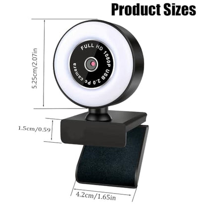 1080P Full HD Webcam Ring Light 3-Level Dimming 360 Rotating Base USB Plug-and-Play for Video Calls, Classes, Streaming, Black - color: Black