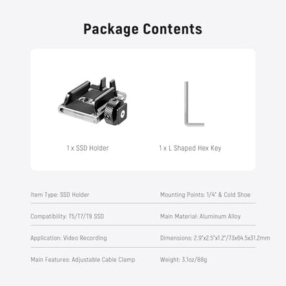 NEEWER Universal SSD Holder Mount Bracket with Cold Shoe/Cable Clamp, 1.6"-2.6" for T5 T7 T9 SSD, Compatible with SmallRig Cage for BMPCC 4K 6K, 15 Pro/15 Pro Max Phone Cage, UA059 - style: UA059