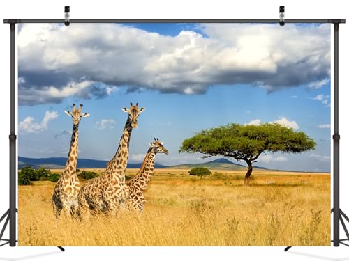 Fabric 7x5ft Kilimanjaro Giraffe Backdrop Africa Safari Landscape Photography Background Giraffe Birthday Kenya Party Decorations Banner Photo Booth Props Wildlife Animals Zoo Theme Party - size: 7x5FT