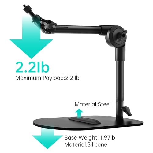 Desk Microphone Stand Weighted Base Mic Holder for Podcast Stream Recording | Solid Metal base holds 2.2lb. Adjustable Dual pivot 180° angle control.Includes mic adapters.Non-slip pads.Fits most gear