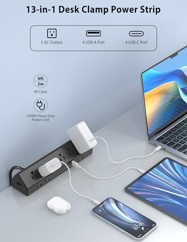 Desk Clamp Power Strip 65W Fast Charging Station,4 PD USB-C,5 Outlets,Nightstand Desk Edge Mount Tower Surge Protector,15 Amp Heavy Duty Power Strip,Fits 1.96" Tabletop Edge (Black, 6 FT Cable) - color: Black, size: 6 FT Cable
