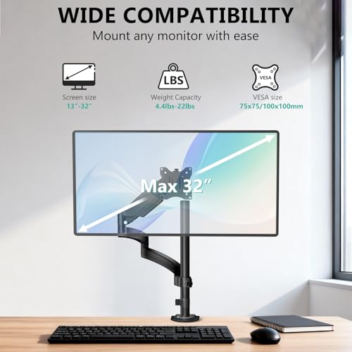 WALI Single Long Monitor Arm - Computer Monitor Arm Desk Mount for 13-32 inch, Hold up to 19.8lbs, Extra Long Adjustable Stand, Full Motion Tall Arm, VESA 75/100mm, (GSDM001L) - size: 13"-32", style: Single