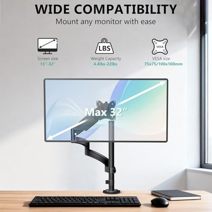 WALI Single Long Monitor Arm - Computer Monitor Arm Desk Mount for 13-32 inch, Hold up to 19.8lbs, Extra Long Adjustable Stand, Full Motion Tall Arm, VESA 75/100mm, (GSDM001L) - size: 13"-32", style: Single