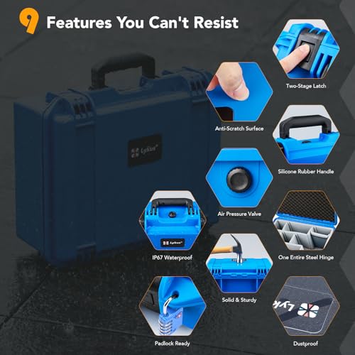 Lykus PVC1 Waterproof Hard Camera Case with Padded Dividers for Cameras, Lenses, Dual DJI Mavic/Air/Mini/Flip drones - color: Blue PVC1