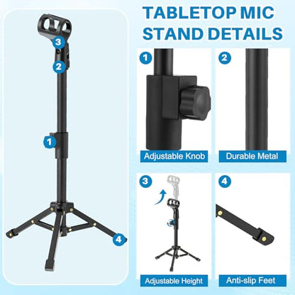 Relaxweex 4 Set Desktop Mic Stand Portable Foldable Adjustable Tabletop Microphone Stand Microphone Tripod with Mic Clip, Storage Bag and 5/8" Male to 3/8" Female Screw(Stylish,10.63''-15.35'')