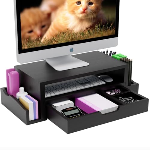 Simple Trending Wood Monitor Stand Riser with Drawer and Pen Holder, Desk Organizer for Home Office, Black - size: 20.25"W x 9.25"D x 5.5"H