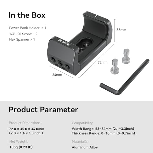SmallRig Aluminum Power Bank Holder, Powerbank Mount Clamp Compatible with Width Range: 53 mm–84 mm (2.1–3.3 inches) and Thickness Range: 0 mm–18 mm (0–0.7 inch) Power Banks - BUB2336