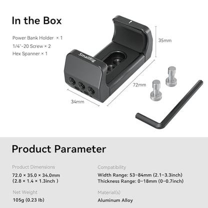 SmallRig Aluminum Power Bank Holder, Powerbank Mount Clamp Compatible with Width Range: 53 mm–84 mm (2.1–3.3 inches) and Thickness Range: 0 mm–18 mm (0–0.7 inch) Power Banks - BUB2336
