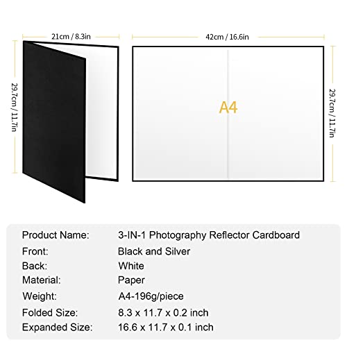Meking 3 in 1 Photography Reflector Cardboard, 12 x 8 inch Folding Light Diffuser Board for Still Life, Product and Food Photo Shooting - Black, Silver and White, 2 Pack - size: 2Pcs A4 Black Silver White