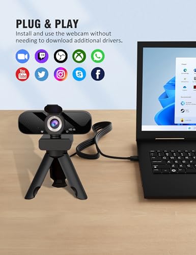 Tewiky Full HD Webcam with Built-in Microphone and Rotatable Tripod, 4K Video and Wide Angle Camera, Privacy Cover, for Desktop PC or Laptop Computer - style: 4K Webcam with USB Cable