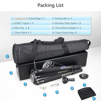 Carbon Fiber Tripod Heavy Duty Bowl Tripod ARTCISE AS90C Ultra Stable Carbon Stand with 75mm Bowl and Adapter 10 Layers Carbon Fiber 40mm Leg Tube Max Load 88 Lbs/40kg