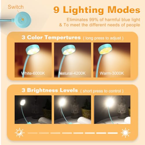 KTEBO 2 Pack Rechargeable Book Light Clip-On Reading Light for Books in Bed | 9 eye-friendly modes from 3 color temperatures and 3 brightness, USB-C up to 30 hrs - Black & Blue - color: Black & Blue