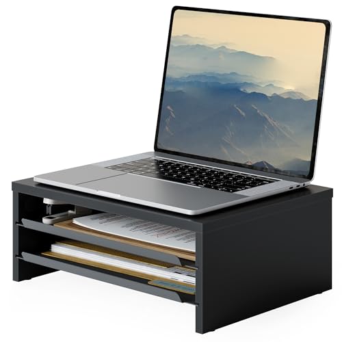 Fenge Monitor Stand, 3-Tier Monitor Riser with Slide-Out Tray, Wooden and Metal Desktop Organizer for Home Office, Computer, Laptop, Printer, Telephone - color: Black