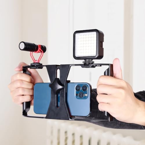 Professional Phone Shooting Rig Stabilizer, Aluminum Alloy Mobile Phone Handheld Rabbit Cage for Live Video & Portrait Recording, Universal Video Rig with Dual Handles, A