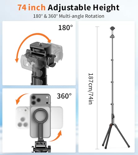 XXZU 74" Magnetic Phone Tripod with Magnetic Clip for Magsafe,Camera Tripod,Tripod For Camera Phone with Remote & Cold Shoe,Camera Stand Tripod for iPhone/Canon/Nikon/DSLR/Digital Camera Accessory Kit - size: 74in