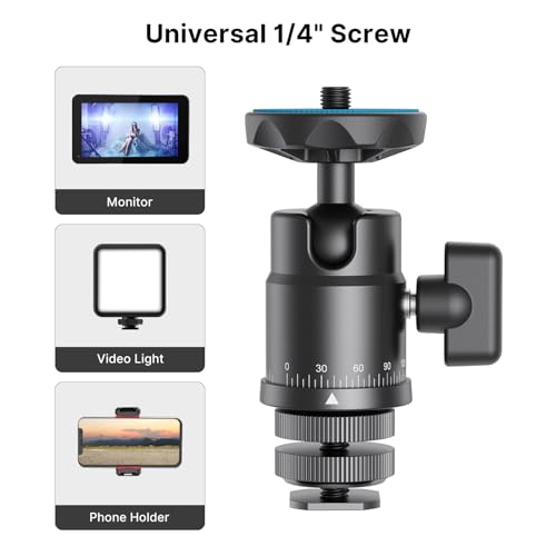 Mini Ball Head, rubesee Panoramic Camera Tripod Head with 1/4" Screw Shoe Mount, 360 Rotatable Metal Adapter for DSLR Camera Tripods Monopods Camcorder Light Microphone Photography, Max Load 5.5lbs