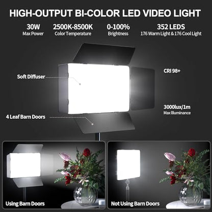 2 Pack LED Video Light with Barndoor, 30W Photography Lighting with Tripod Stand, 3000Lux CRI 98+ 2500K-8500K Studio Light Podcast Lighting for Video Recording, Game Live Streaming, Vlogging - size: 63" Tripod Stand