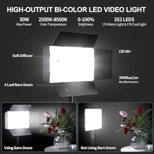 2 Pack LED Video Light with Barndoor, 30W Photography Lighting with Tripod Stand, 3000Lux CRI 98+ 2500K-8500K Studio Light Podcast Lighting for Video Recording, Game Live Streaming, Vlogging - size: 63" Tripod Stand
