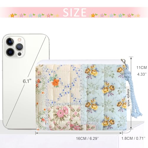 Cotton Quilted Floral Coin Purse Digital Camera Pouch with Cute Prints Zipper for Women Girls (BLUE DISTY PATCH) - color: BLUE DISTY PATCH