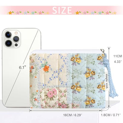 Cotton Quilted Floral Coin Purse Digital Camera Pouch with Cute Prints Zipper for Women Girls (BLUE DISTY PATCH) - color: BLUE DISTY PATCH
