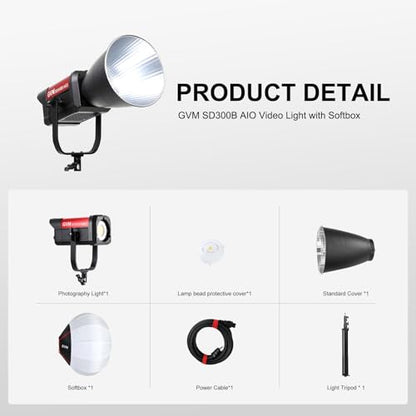 GVM 300W Video Light Kit with Lantern Softbox, SD300B AIO Photography Light with Bluetooth Control, 12 Scene Modes, 2700K-6800K Professional Studio Filming LED Light for YouTube, Vlog, Live Streaming - size: 300W - With Lantern Softbox